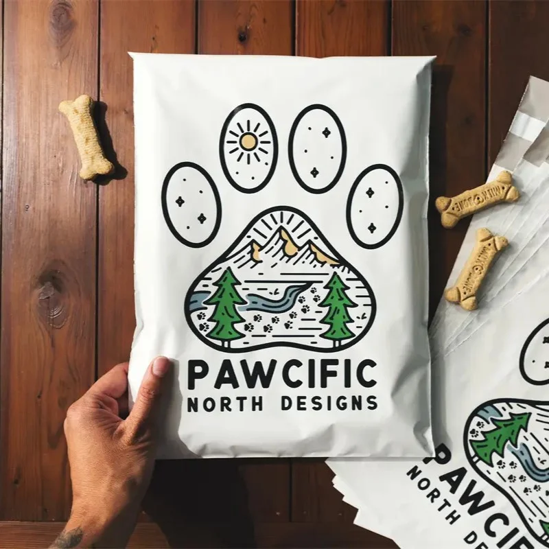 Une enveloppe en polyéthylène avec un logo et un motif de patte de chat personnalisé sur fond de planche en bois