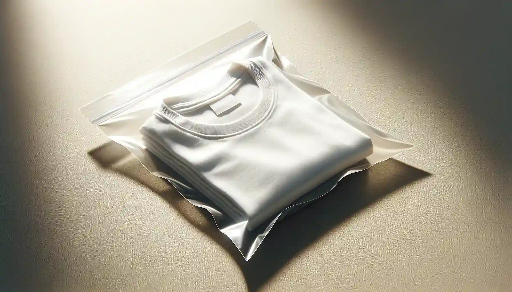 A folded white t-shirt sealed in a clear poly bag on a textured surface with soft lighting.