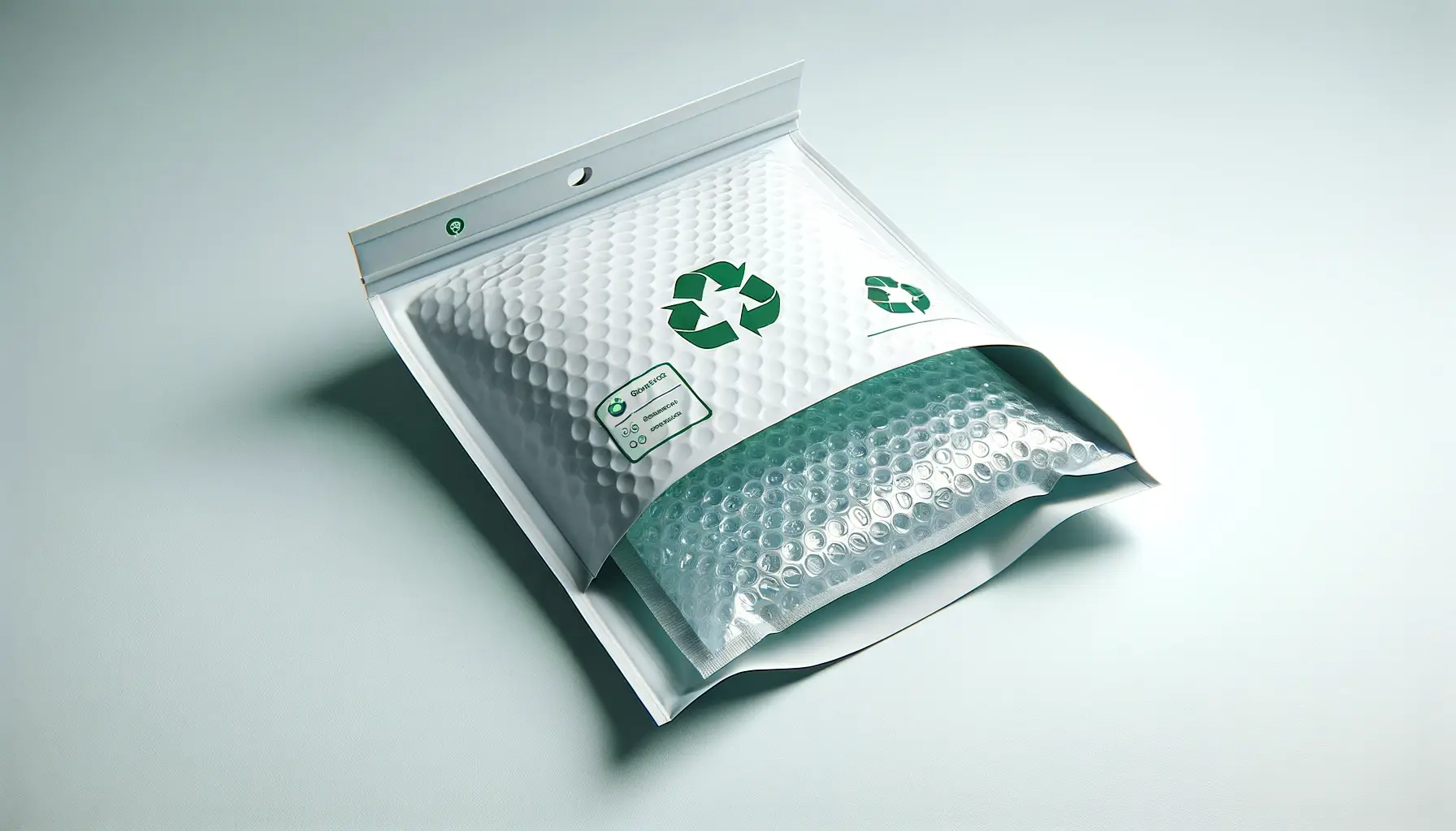 Eco-friendly bubble mailer with green recycling symbols, showcasing poly mailer sizes for secure shipping.