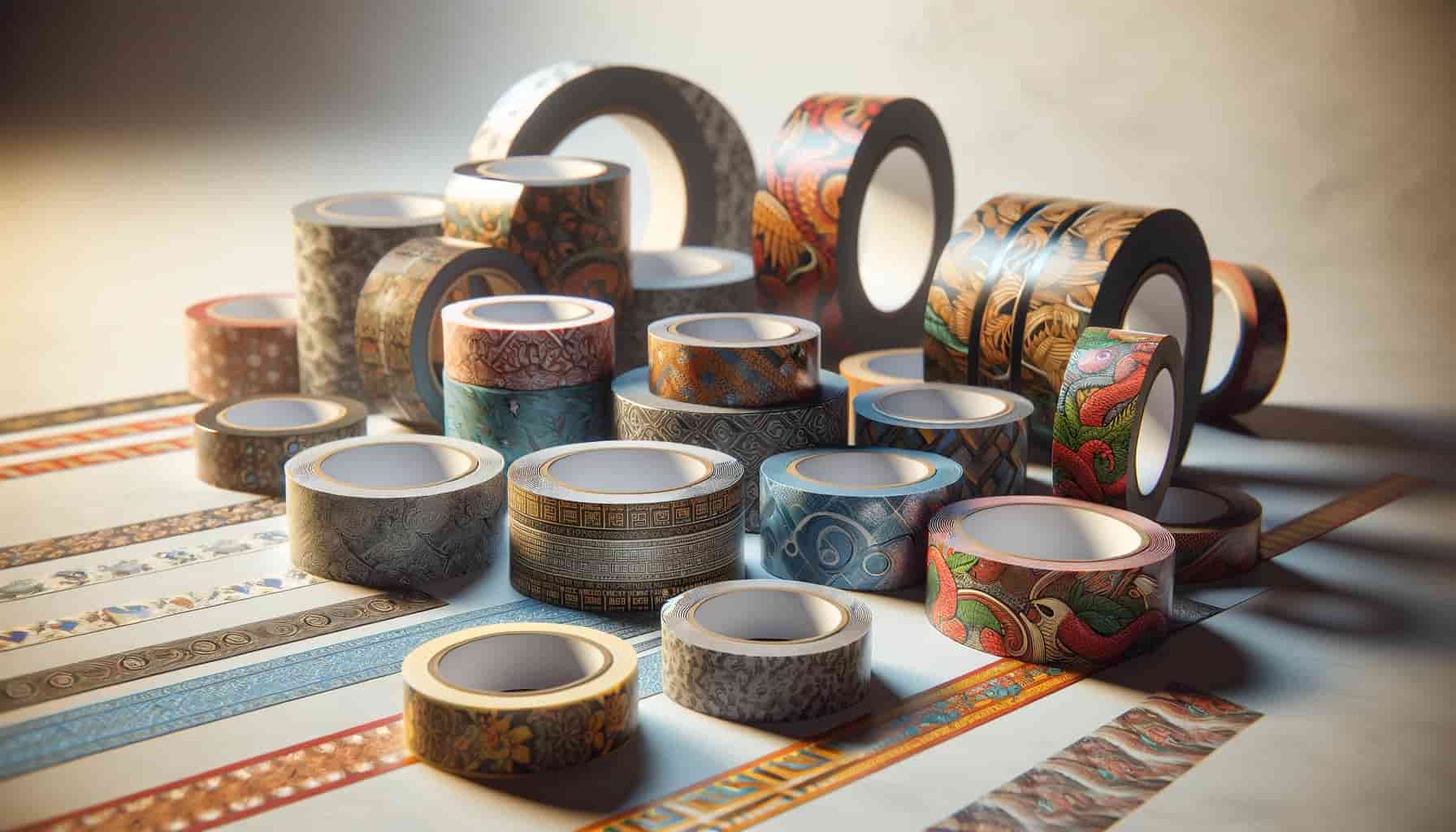 A collection of decorative adhesive tapes with various intricate patterns and colors, neatly arranged on a patterned surface with soft lighting casting gentle shadows.