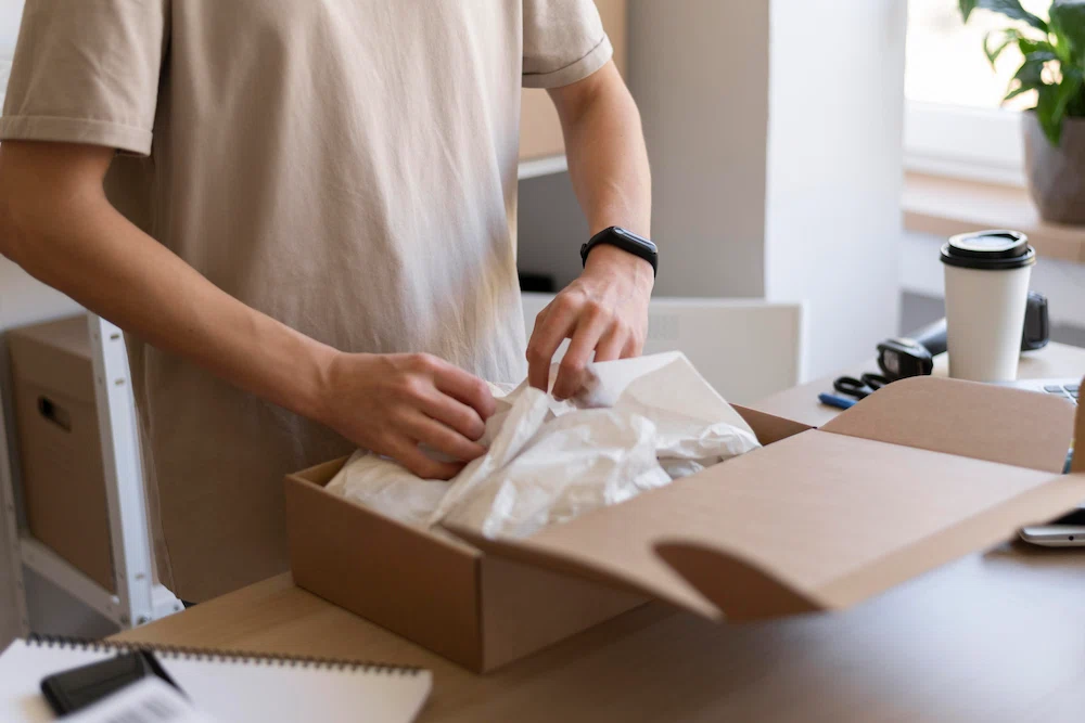 Person wearing a beige t-shirt and a smartwatch packing discreet packaging box with white tissue paper on a desk. with a coffee cup, notebook, and office supplies in the background.