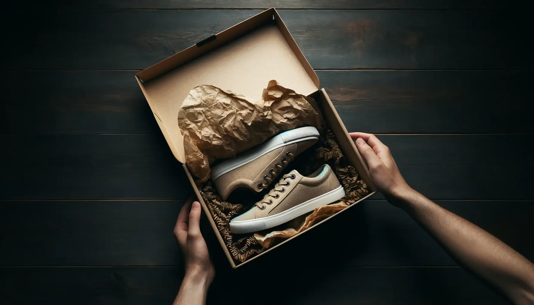 Open cardboard shoebox on a dark wood surface containing a pair of sneakers, with crinkled paper filling.
